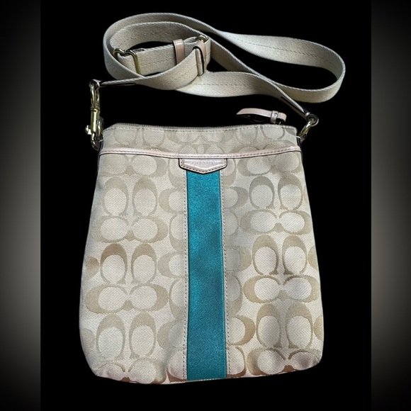 Coach Khaki and Green Crossbody Bag with Signature Monogram & Emerald stripe EUC - Picture 1 of 16
